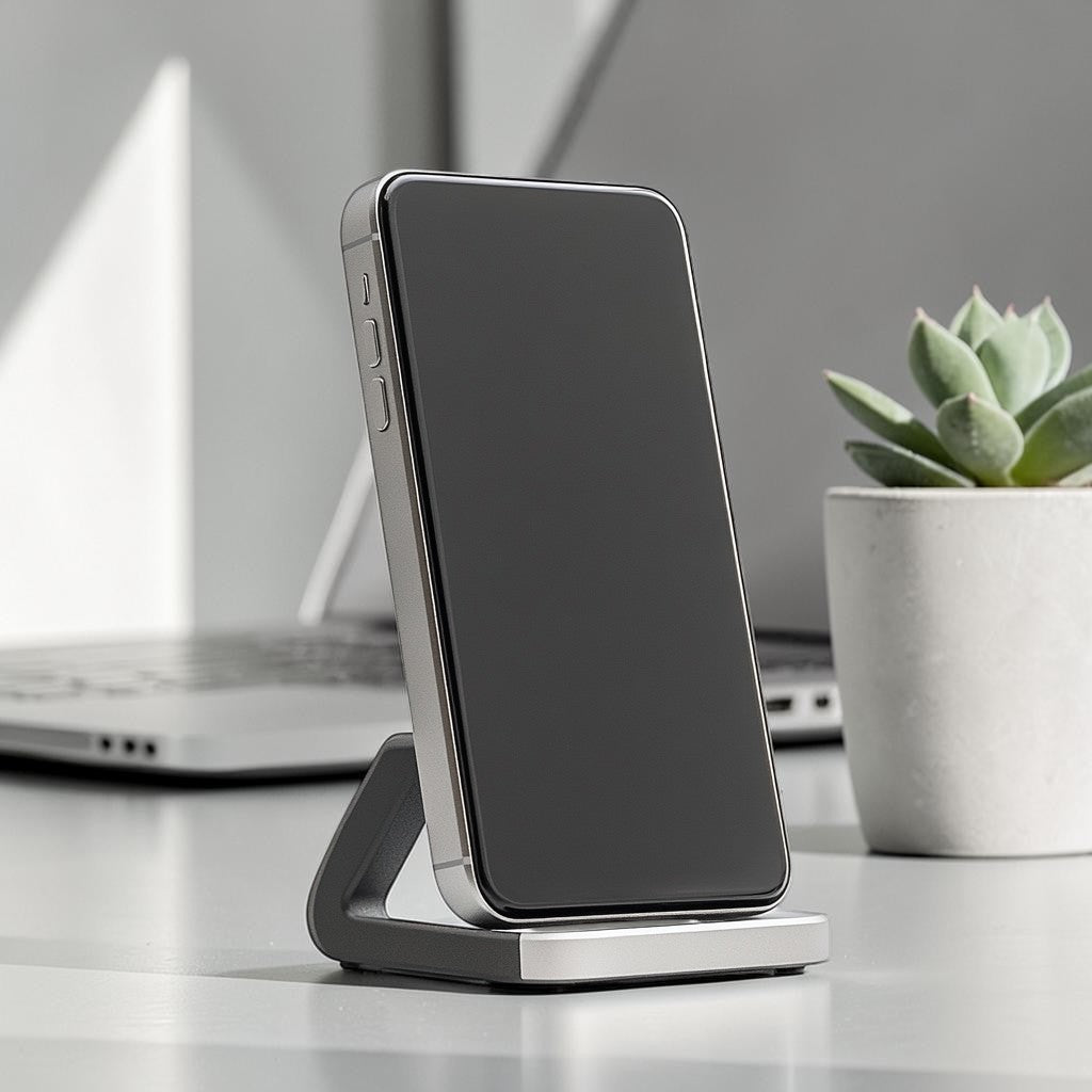 Jopel Adjustable Cell Phone Stand for Desk - Fully Foldable Aluminum Desktop Holder - Height & Angle Adjustable - Compatible with iPhone & Android - Space Grey